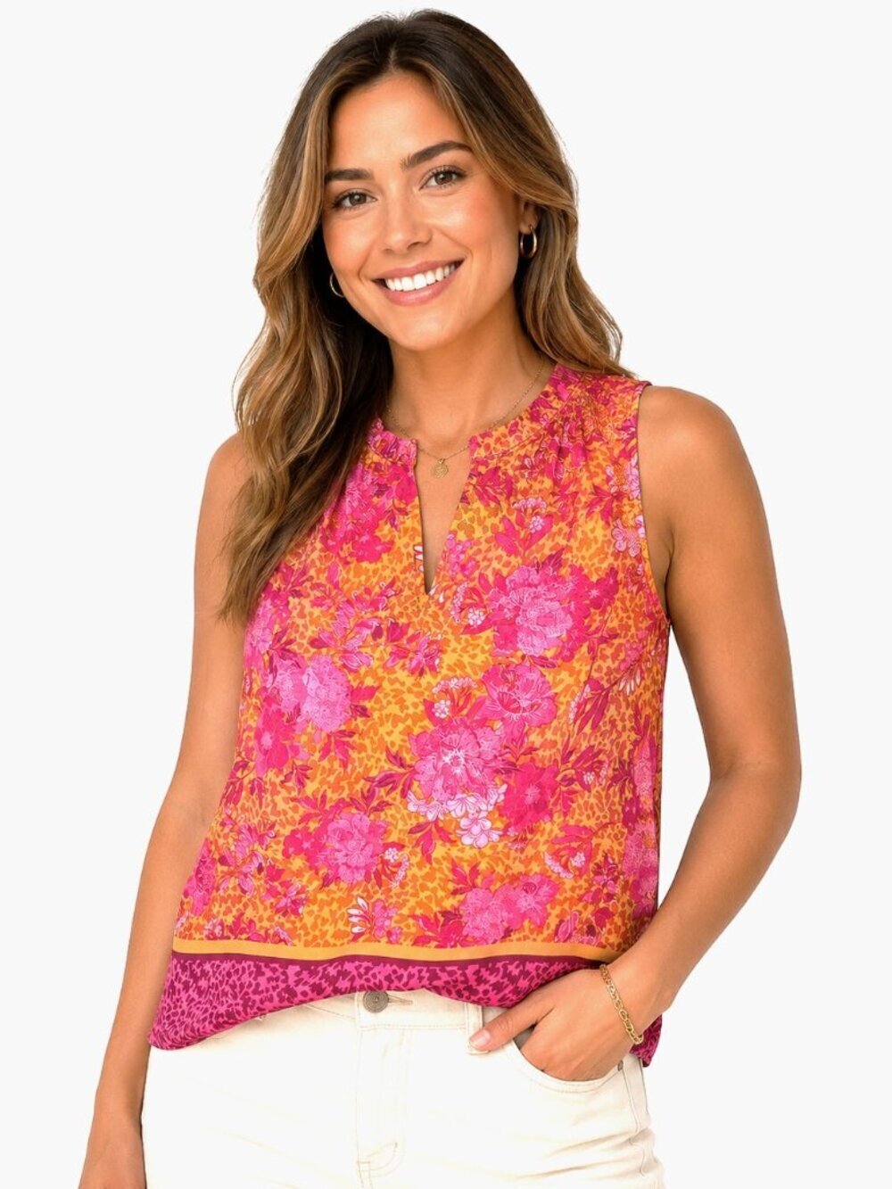 Rachel Roy Magenta Pink Orange Floral Sleeveless Top NWT